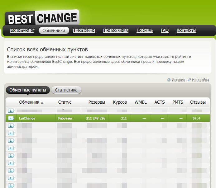 На скриншоте строка Epichange.online в листинге обменных пунктов BestChange